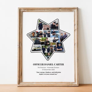 K&ouml;nnte beinhalten: Gerahmter Druck mit einer sternf&ouml;rmigen Collage von Fotos von Polizisten. Der Druck enth&auml;lt den Text "OFFICER DANIEL CARTER" und ein Zitat &uuml;ber Mut und Freundlichkeit. Der Rahmen ist hellbraun.