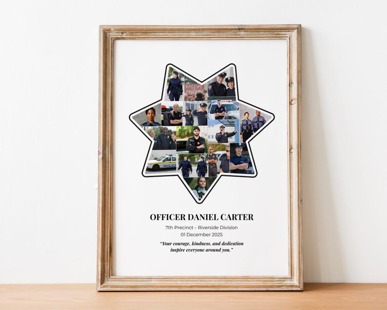 K&ouml;nnte beinhalten: Gerahmter Druck mit einer sternf&ouml;rmigen Collage von Fotos von Polizisten. Der Druck enth&auml;lt den Text "OFFICER DANIEL CARTER" und ein Zitat &uuml;ber Mut und Freundlichkeit. Der Rahmen ist hellbraun.