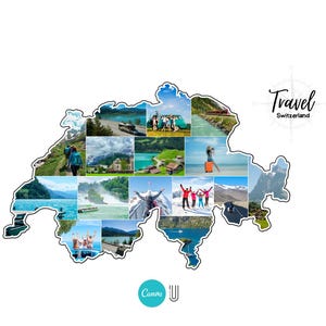 May include: A map outline of Switzerland filled with travel photographs. The word "Travel" is written in a script font, with "Switzerland" below it. The images depict landscapes, people, and bodies of water, showcasing the country.
