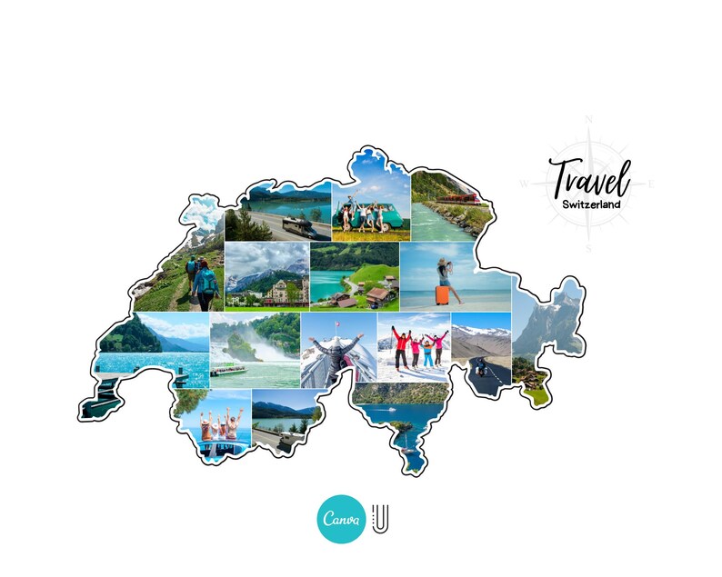 May include: A map outline of Switzerland filled with travel photographs. The word "Travel" is written in a script font, with "Switzerland" below it. The images depict landscapes, people, and bodies of water, showcasing the country.