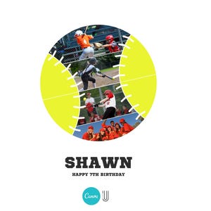 May include: A yellow softball with white stitching, divided into sections showing photos of kids playing baseball. The text "SHAWN HAPPY 7TH BIRTHDAY" is below the softball.