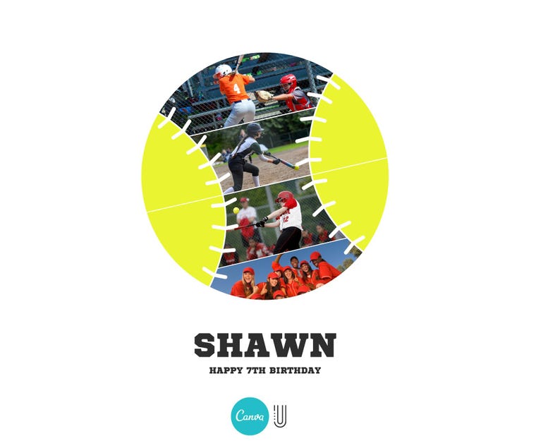 May include: A yellow softball with white stitching, divided into sections showing photos of kids playing baseball. The text "SHAWN HAPPY 7TH BIRTHDAY" is below the softball.