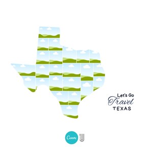 K&ouml;nnte beinhalten: Eine wei&szlig;e Grafik mit der Umrissform von Texas, gef&uuml;llt mit Landschaftsfotos. Der Text "Let's Go Travel TEXAS" ist in einer Schreibschrift. Unten links befindet sich ein t&uuml;rkisfarbenes Canva-Logo.