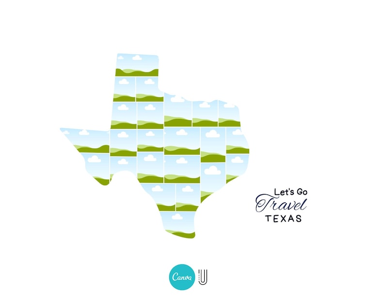 K&ouml;nnte beinhalten: Eine wei&szlig;e Grafik mit der Umrissform von Texas, gef&uuml;llt mit Landschaftsfotos. Der Text "Let's Go Travel TEXAS" ist in einer Schreibschrift. Unten links befindet sich ein t&uuml;rkisfarbenes Canva-Logo.