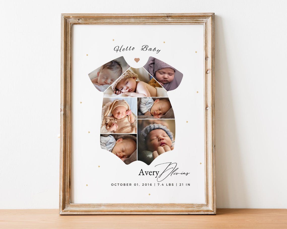 Newborn Photo Collage Baby Stats Birth Announcement Canva Template Baby ...