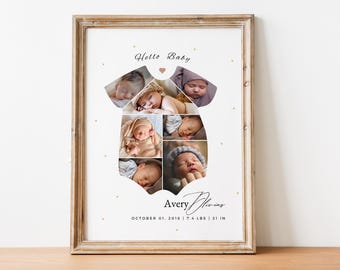 Newborn Photo Collage Baby Stats Birth Announcement Canva Template Baby Girl Collage Frame Personalized Gifts Baby Gift Poster