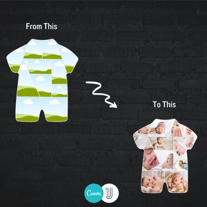 May include: A white baby onesie with a collage of baby photos. The onesie is shaped like a baby onesie with a green and blue landscape design.