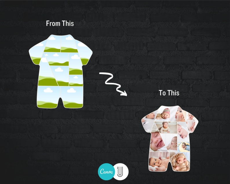 May include: A white baby onesie with a collage of baby photos. The onesie is shaped like a baby onesie with a green and blue landscape design.