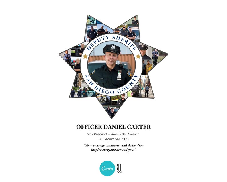 Puede incluir: Una placa de Sheriff Adjunto del Condado de San Diego en forma de estrella con una foto de un hombre uniformado. La placa tiene las palabras "Deputy Sheriff" y "San Diego County" en un dise&ntilde;o circular. Debajo de la placa est&aacute; el texto "Officer Daniel Carter".