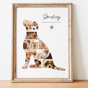 Op de afbeelding: Een ingelijste print met een honden silhouet gevuld met foto's van honden. De print bevat de naam "Smokey", data en een voetafdruk. De lijst is lichtbruin.