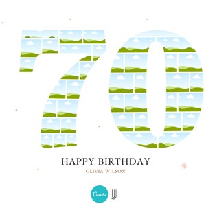 Puede incluir: Una tarjeta de cumplea&ntilde;os con el n&uacute;mero 70 hecho de cuadrados verdes y azules. El texto "Happy Birthday Olivia Wilson" est&aacute; debajo del n&uacute;mero.