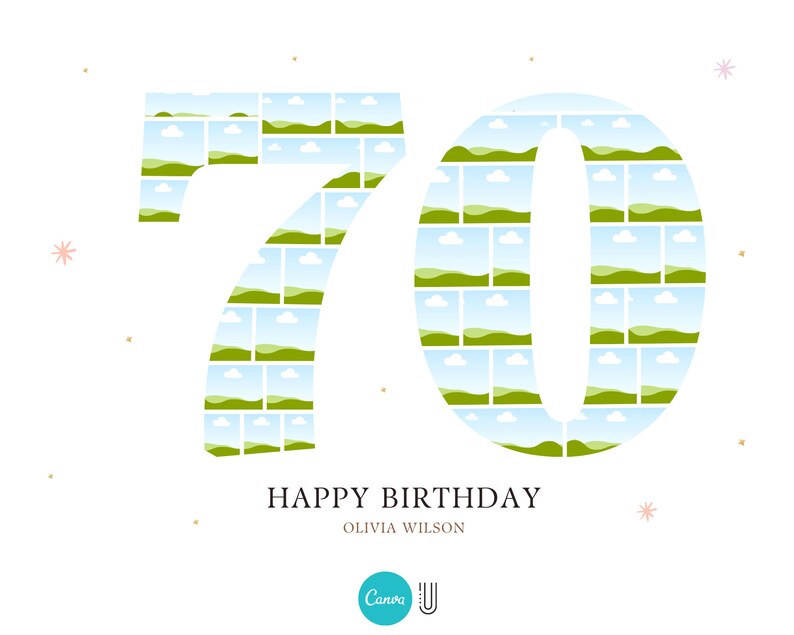 Puede incluir: Una tarjeta de cumplea&ntilde;os con el n&uacute;mero 70 hecho de cuadrados verdes y azules. El texto "Happy Birthday Olivia Wilson" est&aacute; debajo del n&uacute;mero.