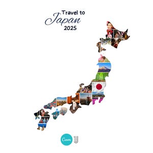 K&ouml;nnte beinhalten: Eine Karte von Japan, zusammengesetzt aus verschiedenen Bildern, darunter die japanische Flagge, der Berg Fuji und kulturelle Szenen. Die Worte "Reise nach Japan 2025" sind in einer Schriftart &uuml;ber der Karte geschrieben. Das Canva-Logo befindet sich unten links.
