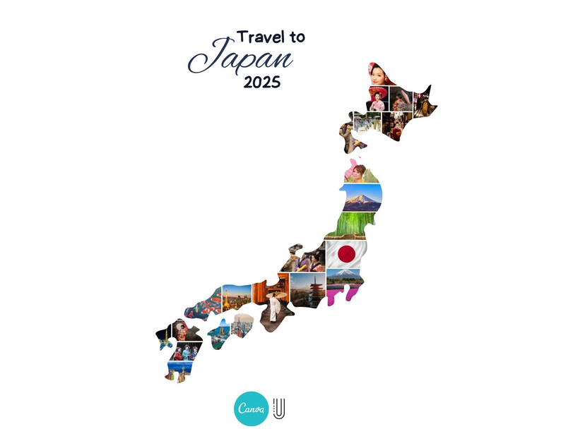 K&ouml;nnte beinhalten: Eine Karte von Japan, zusammengesetzt aus verschiedenen Bildern, darunter die japanische Flagge, der Berg Fuji und kulturelle Szenen. Die Worte "Reise nach Japan 2025" sind in einer Schriftart &uuml;ber der Karte geschrieben. Das Canva-Logo befindet sich unten links.