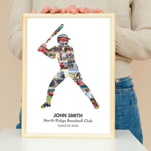 May include: A framed print featuring a baseball player silhouette composed of multiple action shots. The print includes the text "JOHN SMITH, North Ridge Baseball Club, CLASS OF 2025" in a wooden frame.
