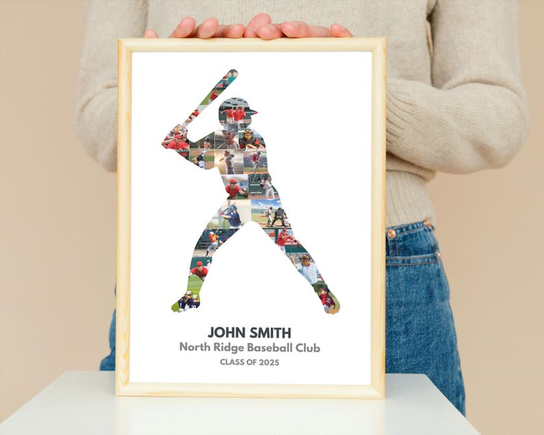 May include: A framed print featuring a baseball player silhouette composed of multiple action shots. The print includes the text "JOHN SMITH, North Ridge Baseball Club, CLASS OF 2025" in a wooden frame.