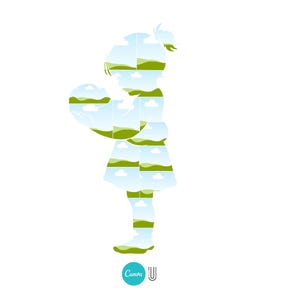 May include: Silhouette of a girl holding a ball, filled with landscape images of green hills, blue skies, and white clouds. The girl's outline is in white against a white background. The Canva logo is in the bottom left corner.