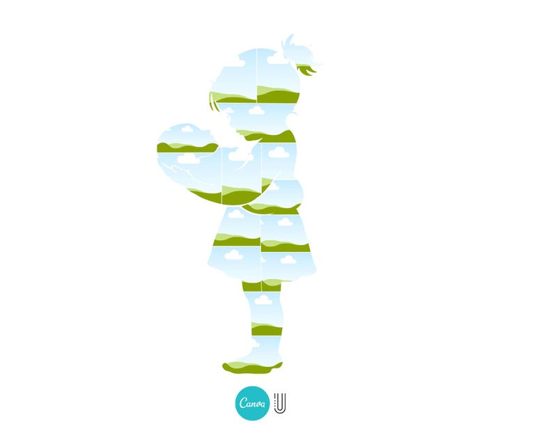 May include: Silhouette of a girl holding a ball, filled with landscape images of green hills, blue skies, and white clouds. The girl's outline is in white against a white background. The Canva logo is in the bottom left corner.