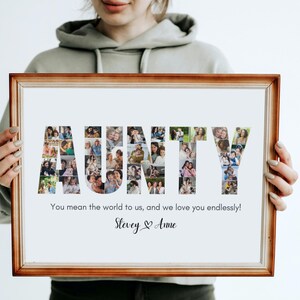 Puede incluir: Un collage de fotos enmarcado que deletrea "AUNTY" con fotos de personas. El texto debajo del collage dice "You mean the world to us, and we love you endlessly! Stevey & Anne".