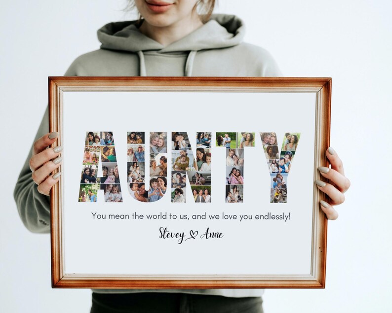 Puede incluir: Un collage de fotos enmarcado que deletrea "AUNTY" con fotos de personas. El texto debajo del collage dice "You mean the world to us, and we love you endlessly! Stevey & Anne".