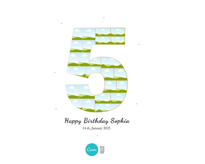 May include: A white background with a gold outline of the number 5 made of small squares. Each square has a photo of a landscape with green grass and blue sky. The text "Happy Birthday Sophia" is below the number. The date "14th January 2025" is below the text. The Canva logo is at the bottom of the image.