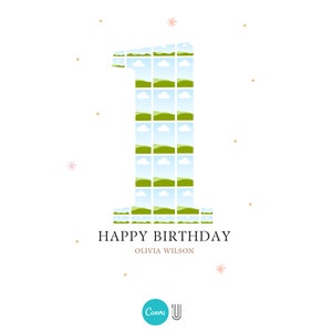 May include: A green and blue number one made of small images, with the text "HAPPY BIRTHDAY" and "OLIVIA WILSON" below.