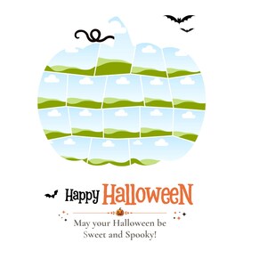 Peut inclure: Un collage en forme de citrouille compos&eacute; de petites images carr&eacute;es montrant des collines vertes et des nuages blancs sur un ciel bleu. Au-dessus, deux chauves-souris noires. Le texte indique Happy Halloween et May your Halloween be Sweet and Spooky.