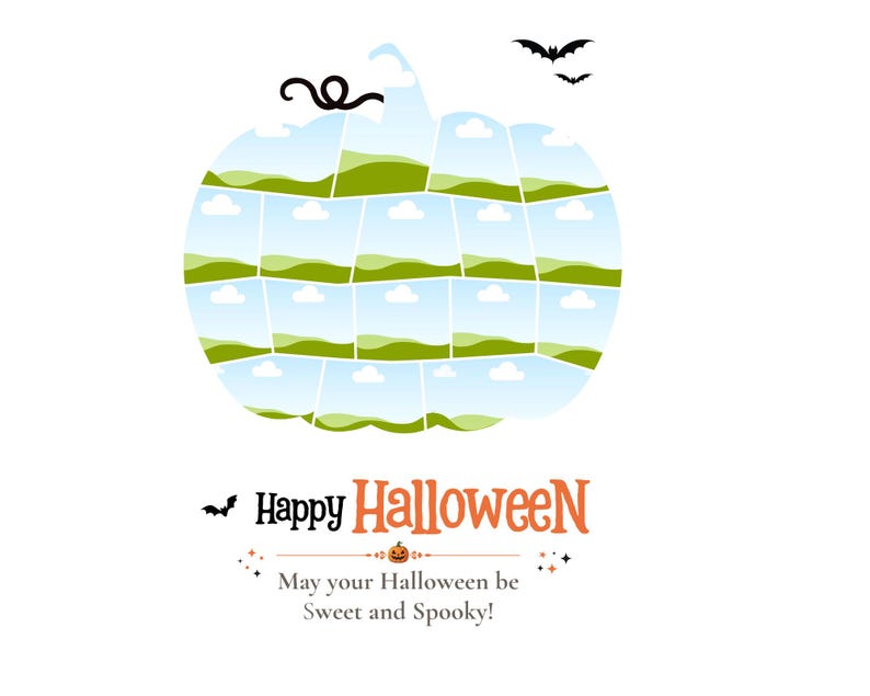 Peut inclure: Un collage en forme de citrouille compos&eacute; de petites images carr&eacute;es montrant des collines vertes et des nuages blancs sur un ciel bleu. Au-dessus, deux chauves-souris noires. Le texte indique Happy Halloween et May your Halloween be Sweet and Spooky.
