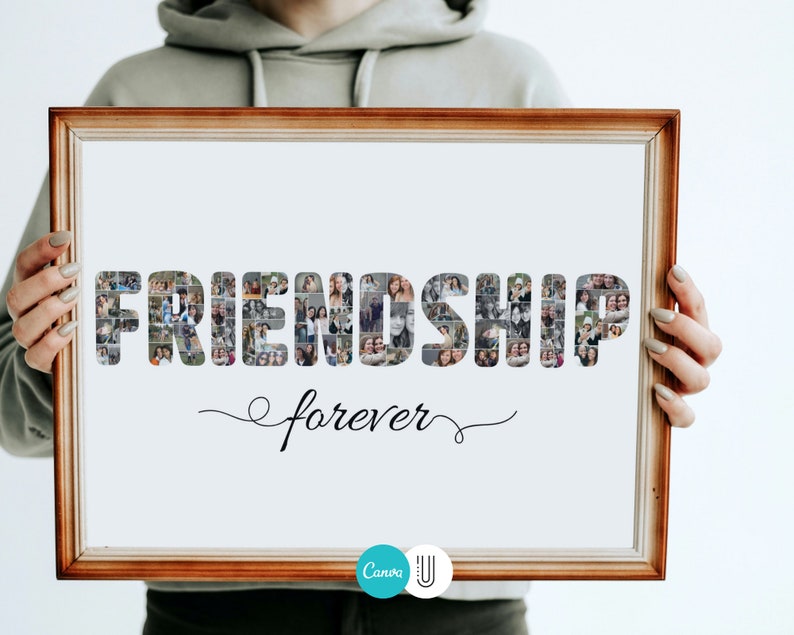 Pode incluir: Um collage de fotos emoldurado com a palavra "FRIENDSHIP" escrita em fotos de pessoas. A palavra "forever" est&aacute; escrita em it&aacute;lico abaixo da palavra "FRIENDSHIP".