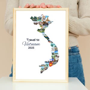 May include: A framed print featuring a collage of images forming the shape of Vietnam. The print includes the text "Travel to Vietnam 2025" in a decorative font. The frame is a light wood color.