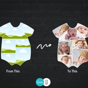 May include: A white onesie with a collage of baby photos. The onesie is divided into nine squares, each containing a different photo of a baby. The photos are arranged in a grid pattern. The onesie is on a black brick background.