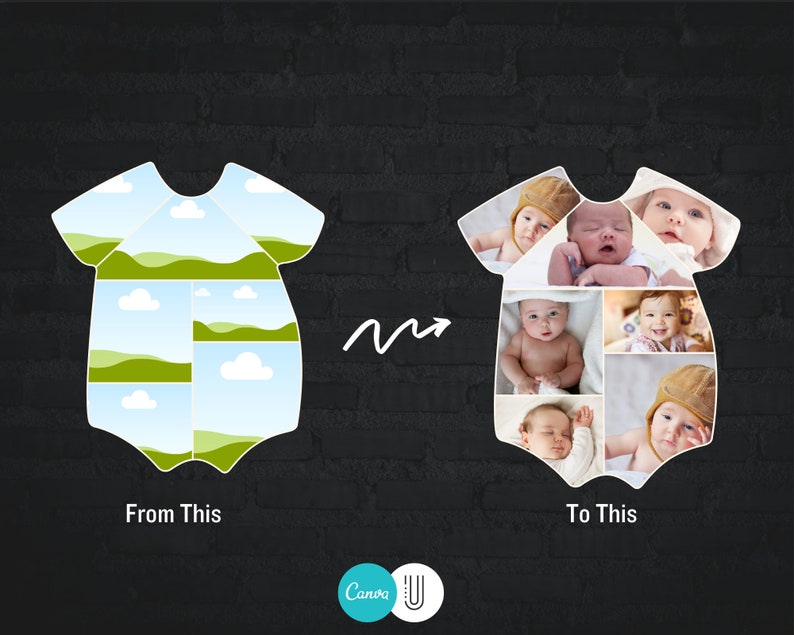 May include: A white onesie with a collage of baby photos. The onesie is divided into nine squares, each containing a different photo of a baby. The photos are arranged in a grid pattern. The onesie is on a black brick background.