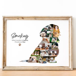 Puede incluir: Impresi&oacute;n enmarcada con un collage de fotos de perros Shih Tzu con forma de perro. La impresi&oacute;n incluye el nombre "Smokey" y el texto "When I needed a Comfort, I found your Paw". El marco es de color marr&oacute;n claro.