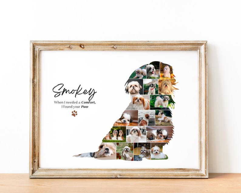 Puede incluir: Impresi&oacute;n enmarcada con un collage de fotos de perros Shih Tzu con forma de perro. La impresi&oacute;n incluye el nombre "Smokey" y el texto "When I needed a Comfort, I found your Paw". El marco es de color marr&oacute;n claro.