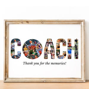 May include: A framed print with a collage of photos forming the word "COACH" with a baseball in the center. The text "Thank you for the memories!" is below the collage.
