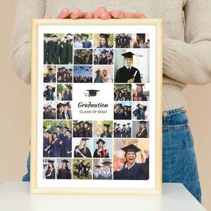 May include: A framed collage of graduation photos with a white background and the text "Graduation Class of 2024!" in brown text. The collage features a variety of photos of people in graduation caps and gowns.