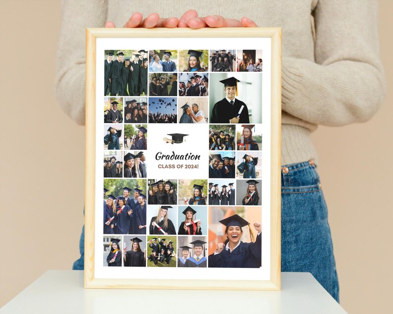 May include: A framed collage of graduation photos with a white background and the text "Graduation Class of 2024!" in brown text. The collage features a variety of photos of people in graduation caps and gowns.