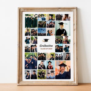 May include: A graduation photo collage featuring a black and white graduation cap icon and the text "Graduation Class of 2024!" The collage includes photos of people wearing graduation caps and gowns.