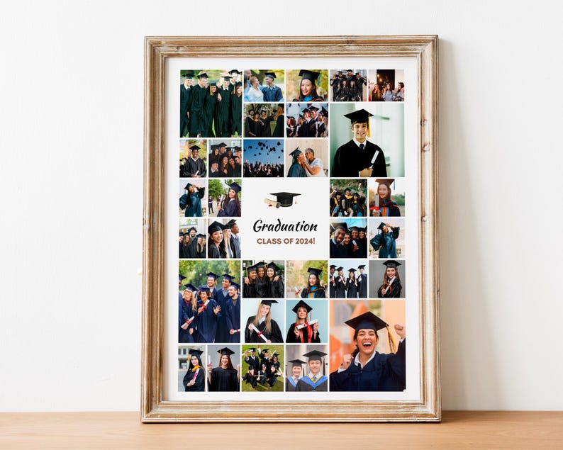 May include: A graduation photo collage featuring a black and white graduation cap icon and the text "Graduation Class of 2024!" The collage includes photos of people wearing graduation caps and gowns.