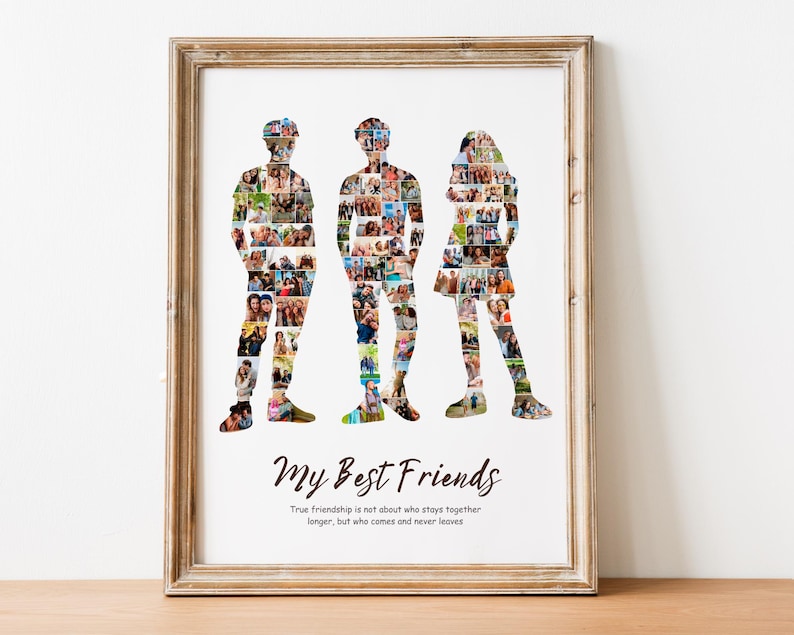 Peut inclure: Un collage photographique encadr&eacute; de trois amis, avec leurs silhouettes compos&eacute;es de photos plus petites. Le texte sous le collage dit "Mes meilleurs amis. La vraie amiti&eacute; ne consiste pas &agrave; savoir qui reste ensemble le plus longtemps, mais qui vient et ne part jamais."