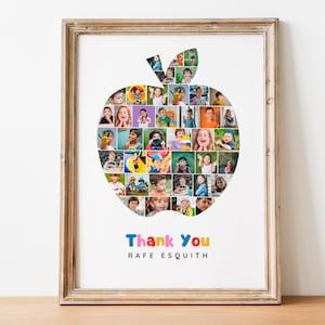 K&ouml;nnte beinhalten: Gerahmter Druck mit einer gro&szlig;en Apfelform, gef&uuml;llt mit zahlreichen kleinen Fotos von Kindern. Der Apfel ist vor einem wei&szlig;en Hintergrund platziert, mit den Worten "Thank You" und einem Namen in farbigem Text unten. Der Rahmen ist hellbraun.