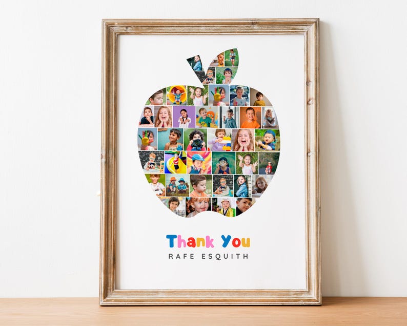 K&ouml;nnte beinhalten: Gerahmter Druck mit einer gro&szlig;en Apfelform, gef&uuml;llt mit zahlreichen kleinen Fotos von Kindern. Der Apfel ist vor einem wei&szlig;en Hintergrund platziert, mit den Worten "Thank You" und einem Namen in farbigem Text unten. Der Rahmen ist hellbraun.