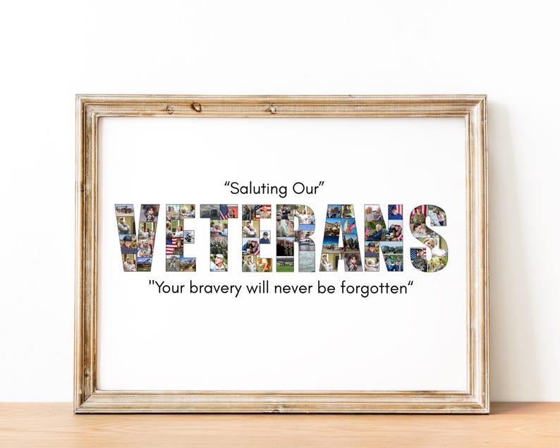 May include: Framed print with the word "VETERANS" spelled out in a collage of photos. The phrase "Saluting Our" is above the word, and "Your bravery will never be forgotten" is below. The frame is a light brown color.