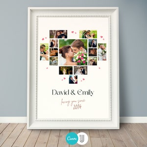 Op de afbeelding: Een wit ingelijste fotocollage van trouwfoto's van een stel, gerangschikt in de vorm van een hart. De namen van het stel, "David & Emily", en de tekst "loving you since 2014" staan onder de collage.