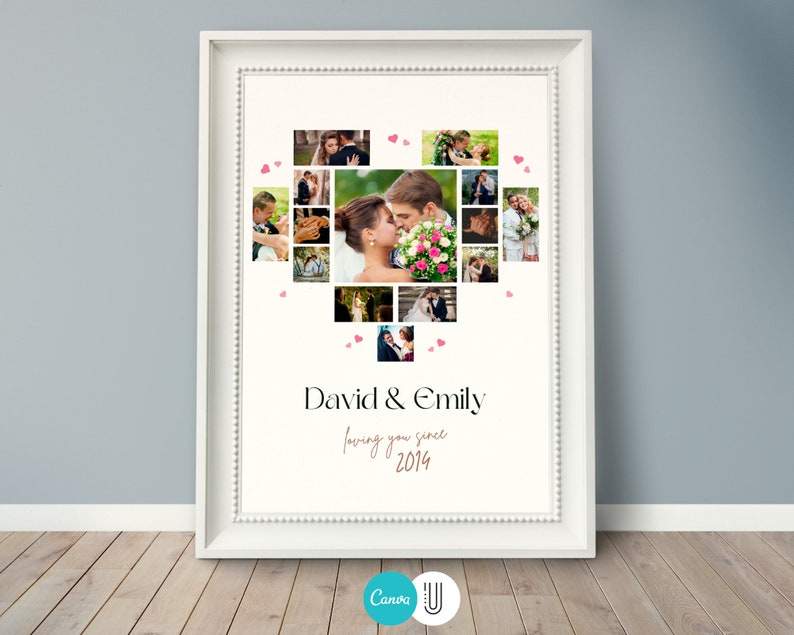 Op de afbeelding: Een wit ingelijste fotocollage van trouwfoto's van een stel, gerangschikt in de vorm van een hart. De namen van het stel, "David & Emily", en de tekst "loving you since 2014" staan onder de collage.