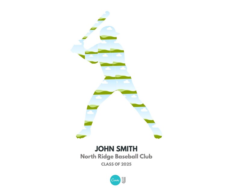 May include: Silhouette of a baseball player in a batting stance, filled with a landscape of green hills and blue skies. The text reads "JOHN SMITH, North Ridge Baseball Club, CLASS OF 2025."