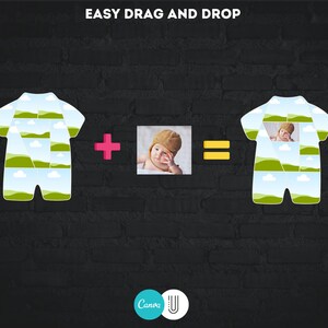 May include: A digital design template for a baby onesie with a green, blue, and white cloud pattern. The template includes a space for a photo to be added. The text "EASY DRAG AND DROP" is at the top of the image.