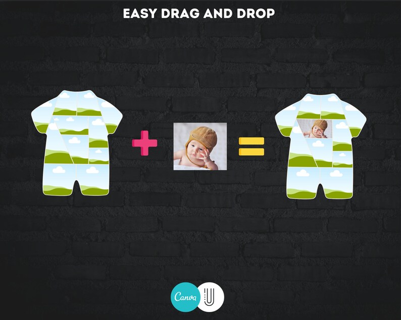 May include: A digital design template for a baby onesie with a green, blue, and white cloud pattern. The template includes a space for a photo to be added. The text "EASY DRAG AND DROP" is at the top of the image.