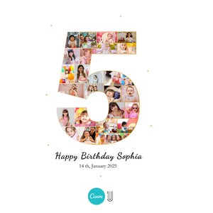 May include: A photo collage in the shape of the number 5, made up of photos of children. The collage is on a white background with the text "Happy Birthday Sophia" and "14th January 2025" below it.