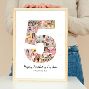May include: A white photo collage in a wooden frame. The collage is shaped like the number 5 and is made up of photos of a young girl. The text "Happy Birthday Sophia 14th January 2025" is printed below the collage.